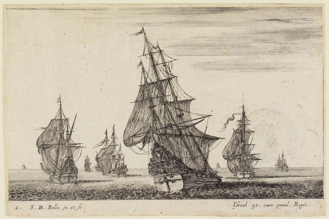 Paisajes marítimos (Paysages maritimes): un barco izando velas en primer plano y otros en el fondo de Stefano della Bella