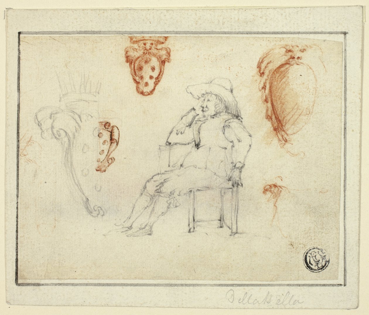 Bocetos de hombre sentado, escudos de armas de los Médicis de Stefano della Bella
