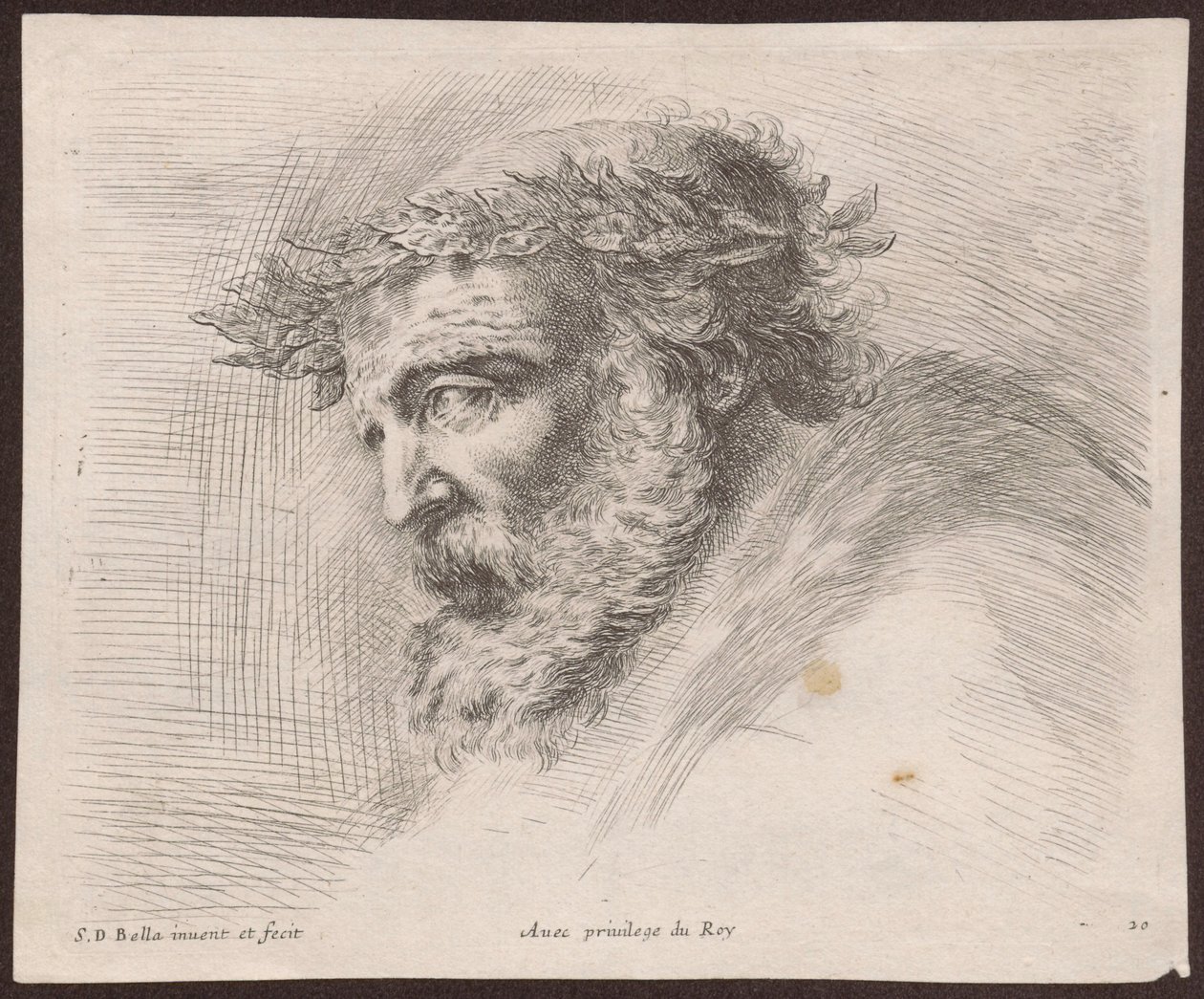 Estudio de la cabeza de un anciano barbudo con corona de laurel, de perfil, mirando hacia la izquierda, perteneciente al ciclo «Principii del disegno» de Stefano della Bella