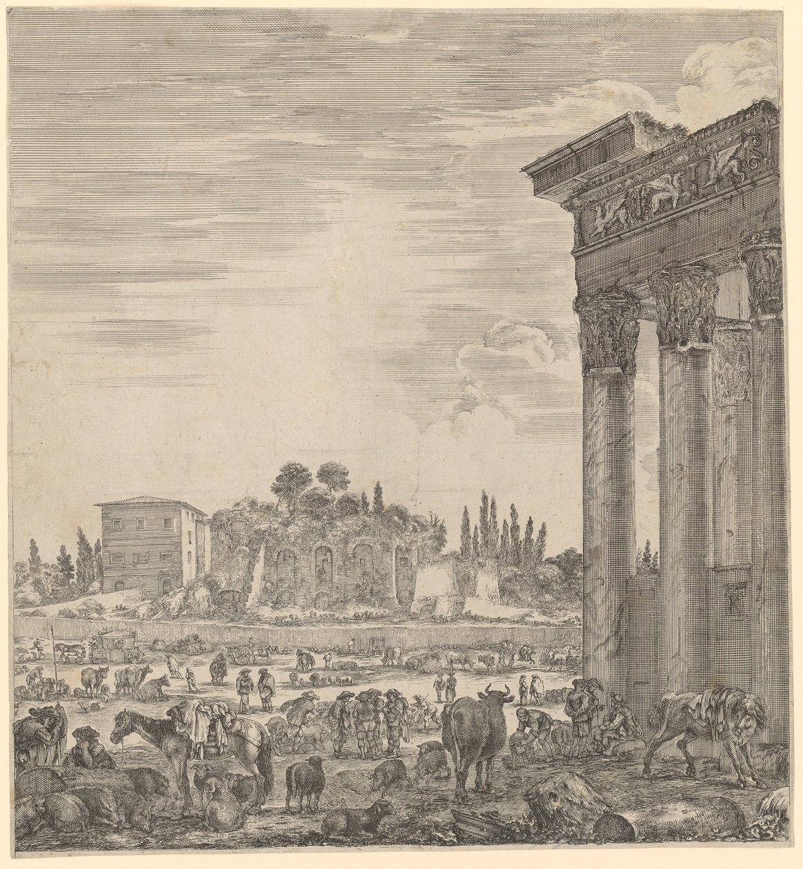 Templo de Antonino Pío y Faustina y el Campo Vaccino de Stefano della Bella