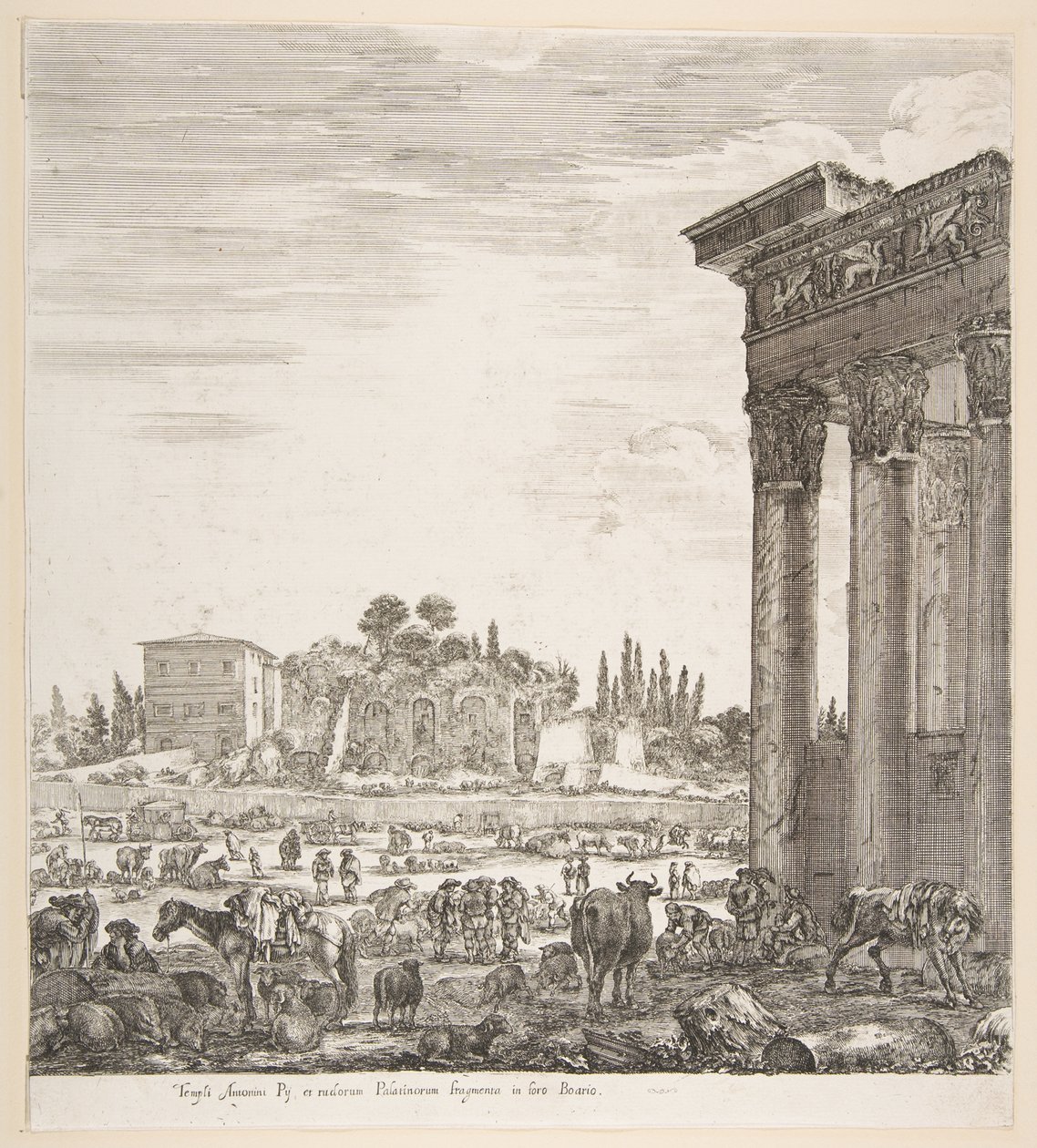 Las columnas del Templo de Antonino a la derecha, una parte del Campo Vaccino en el centro, 1656 de Stefano della Bella