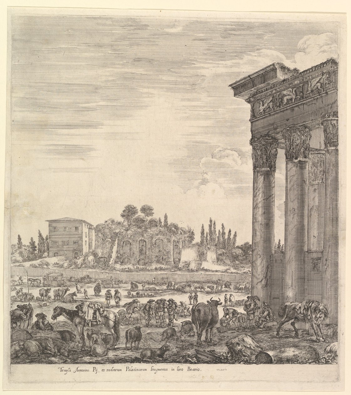 Las columnas del Templo de Antonino a la derecha, una parte del Campo Vaccino en el centro, 1656 de Stefano della Bella