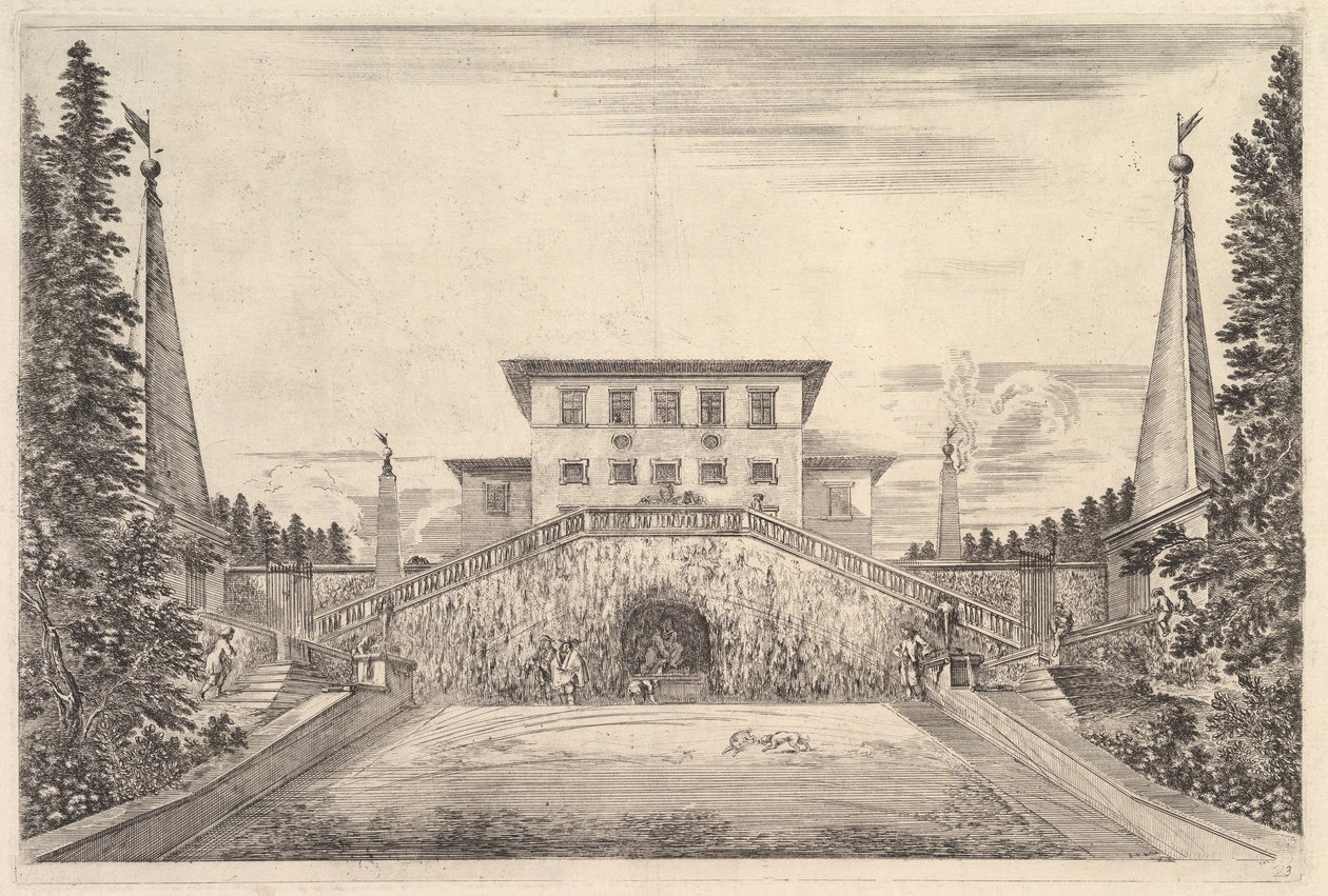 La villa en el centro flanqueada por cuatro obeliscos de Stefano della Bella