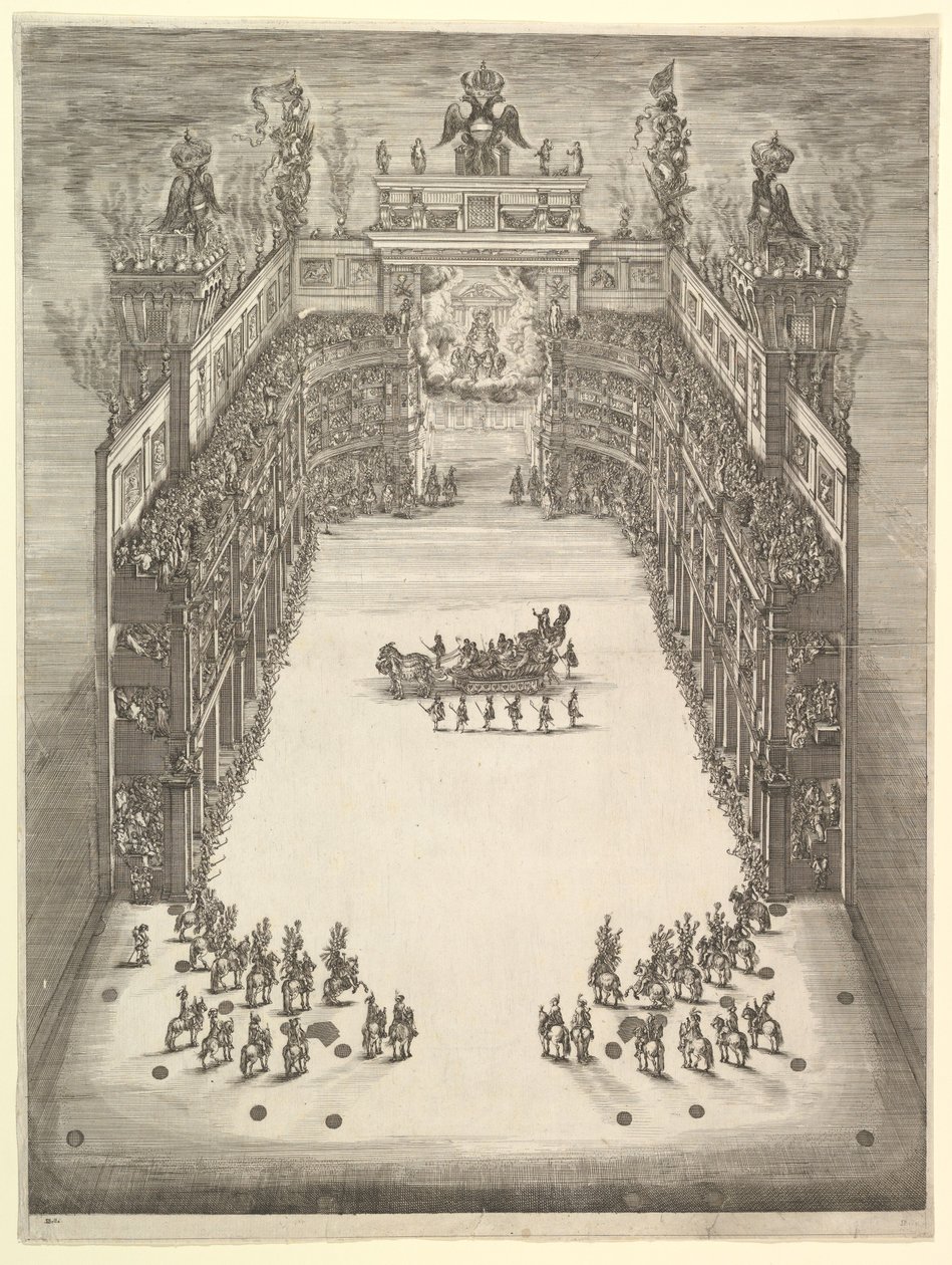 Teatro en Módena, visto desde arriba y lleno de espectadores, con un carro triunfal en el centro, 1652 de Stefano della Bella