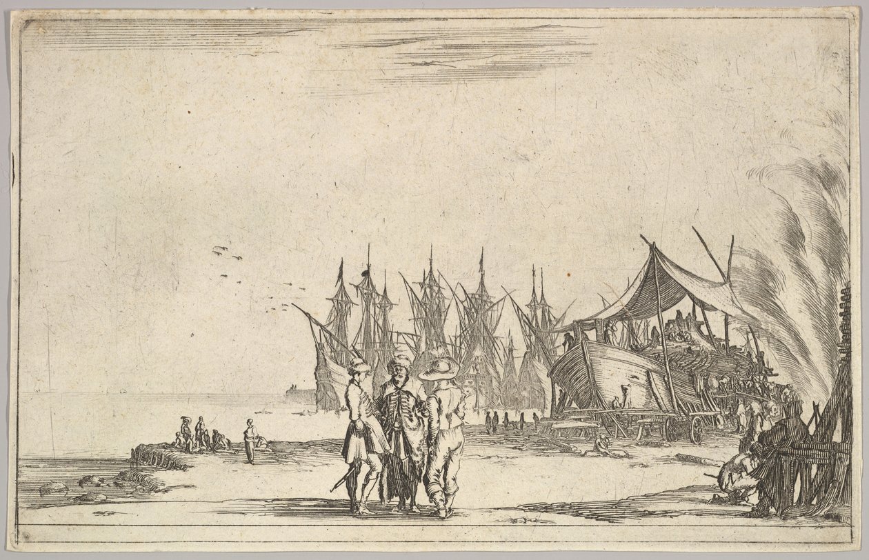Tres hombres con sombreros de pie en el centro, hombres reparando un barco a la derecha, cinco barcos y varios, 1639 de Stefano della Bella