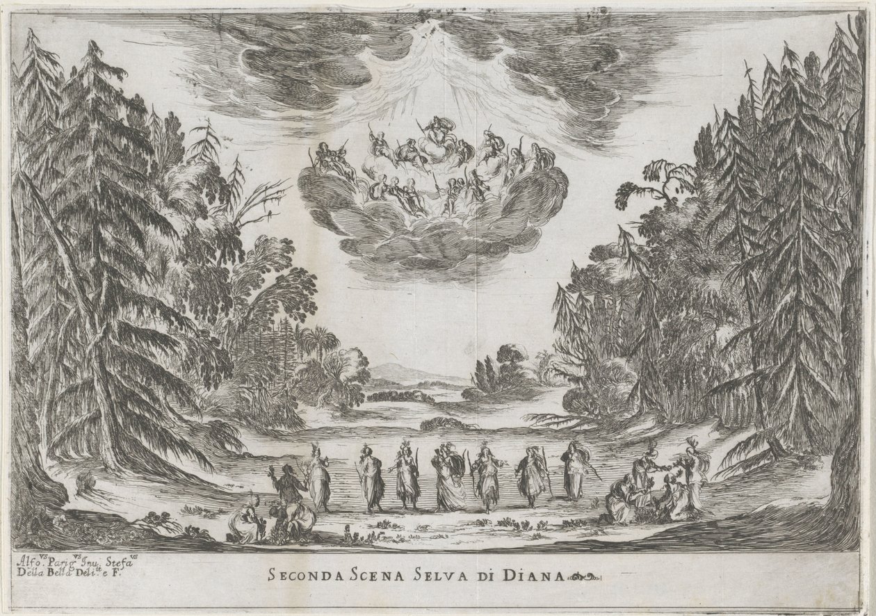 Tweede scène: het bos van Diana Segunda escena del bosque de Diana (título sobre objeto) Liberetto ter ere van de bruiloft van Ferdinando II de