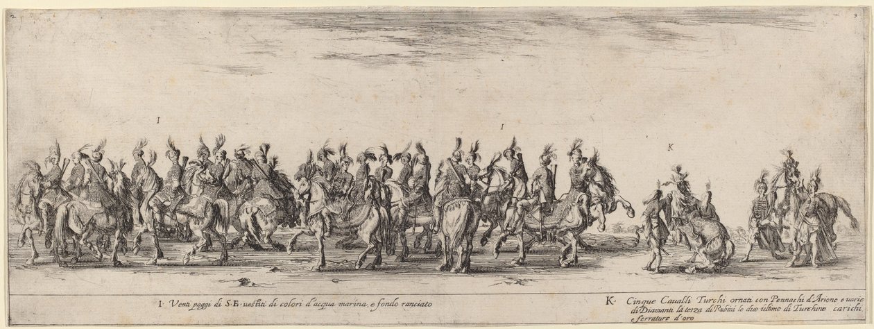Veinte páginas y cinco caballos turcos, 1633 de Stefano della Bella