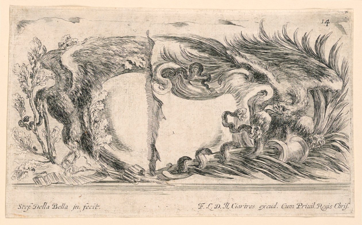 Dos mitades de escudos, No. 14 de "Raccolta di varii cappriccii et nove inventioni di cartelle et ornamenti" de Stefano della Bella