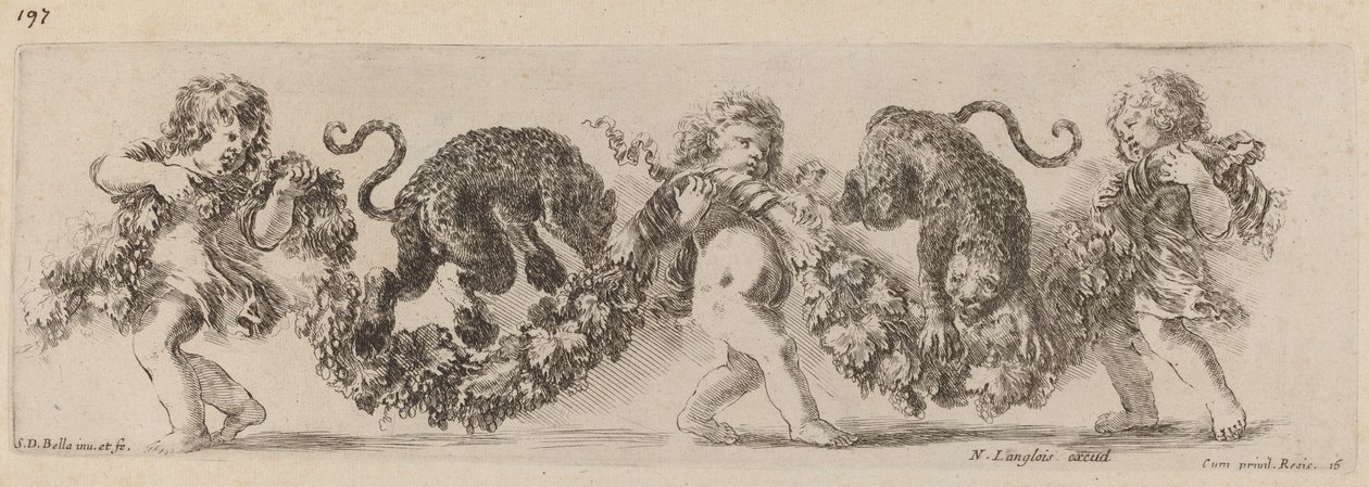 Dos leopardos saltando un festón sostenido por niños, probablemente 1648 de Stefano della Bella