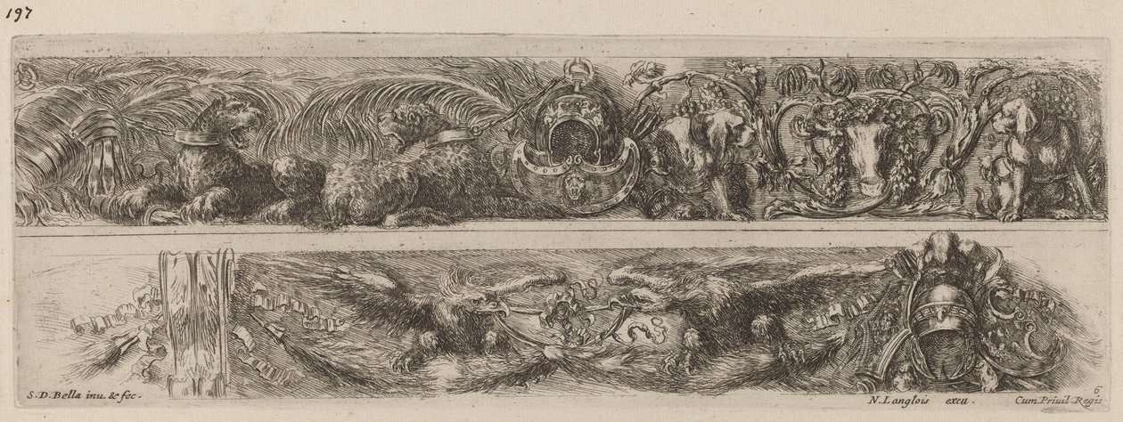 Dos bandas ornamentales con leopardos y águilas encadenados de Stefano della Bella
