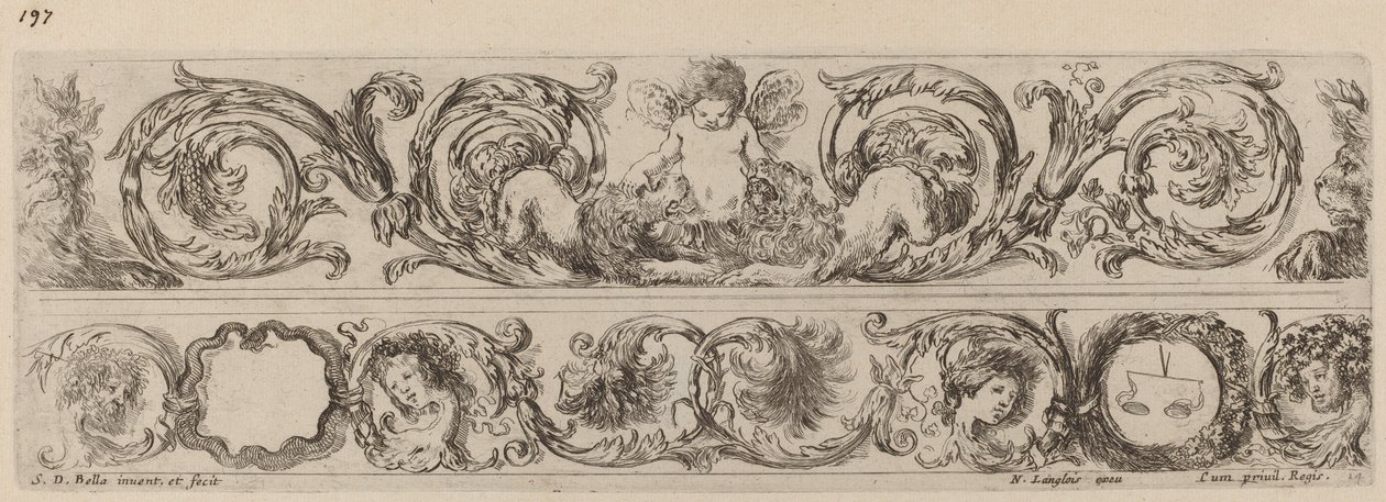 Dos bandas ornamentales con Cupido y cabezas de las Cuatro Estaciones de Stefano della Bella