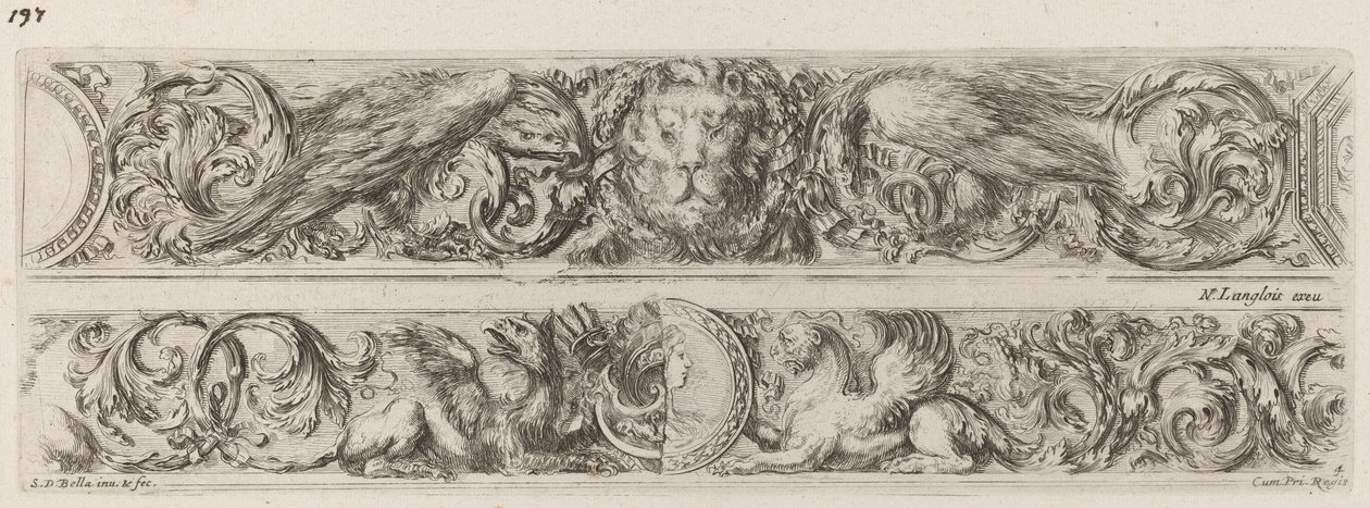 Dos bandas ornamentales con cabeza de león y mujer de Stefano della Bella