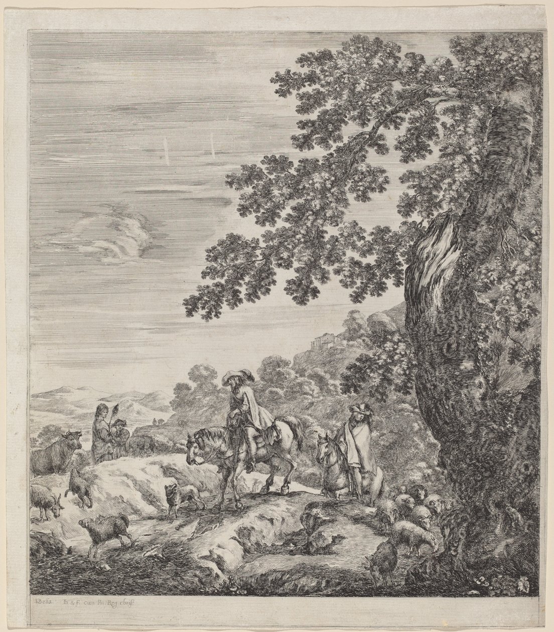 Dos jinetes pasando cerca de un rebaño de animales, 1656 de Stefano della Bella