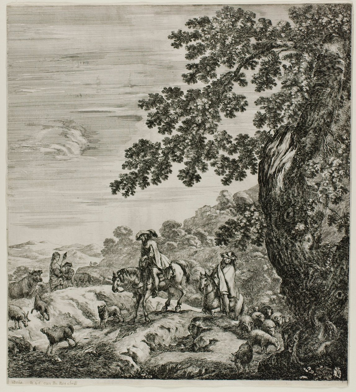 Dos jinetes pasando un rebaño, lámina cinco de Las seis grandes vistas de Roma y la Campagna de Stefano della Bella