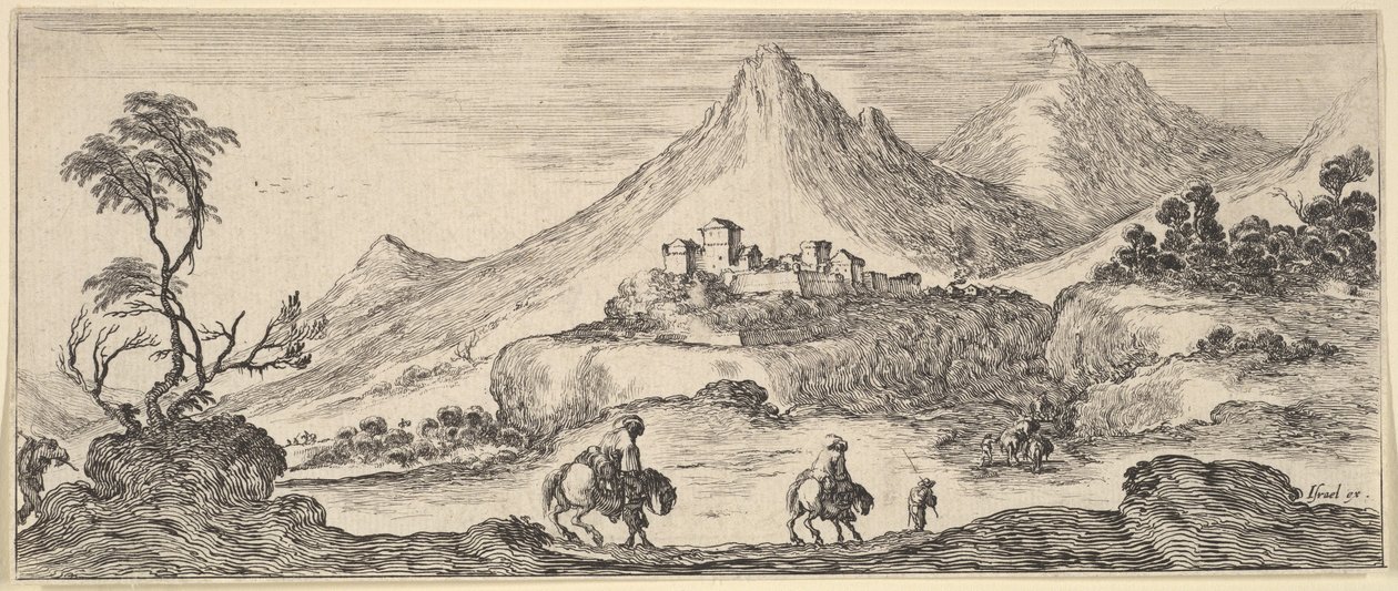 Dos jinetes descienden una colina en el centro, siguiendo a otro hombre a pie, un castillo en el..., ca. 1641 de Stefano della Bella