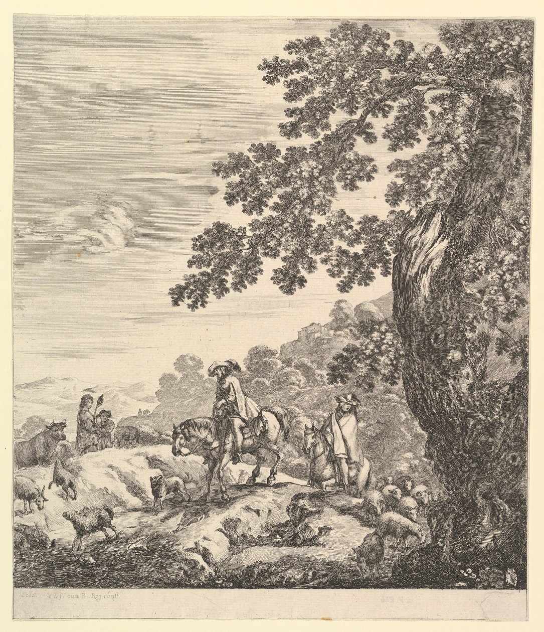 Dos jinetes pasan un rebaño, cabalgando hacia la izquierda, una campesina y un niño pequeño, ca. 1656 de Stefano della Bella