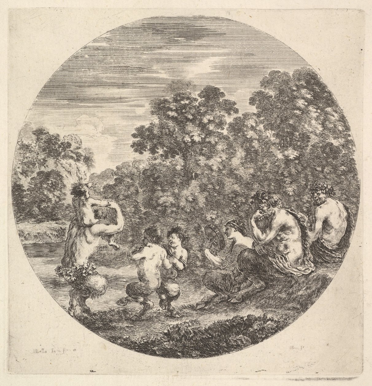 Dos sátiros y un fauno sentados a la derecha observando a dos sátiros niños y otro sátiro de Stefano della Bella