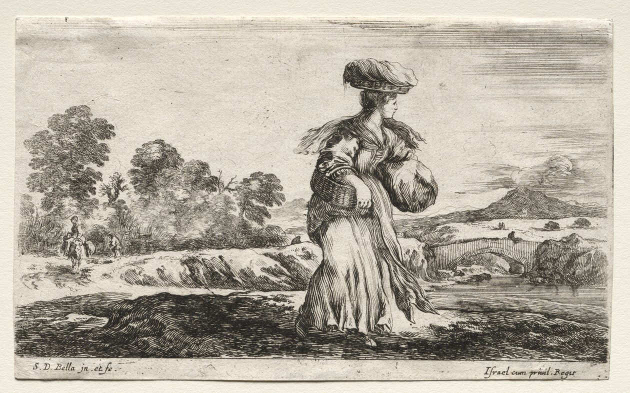 Varias figuras y paisajes: Mujer campesina llevando una cesta en la cabeza de Stefano della Bella