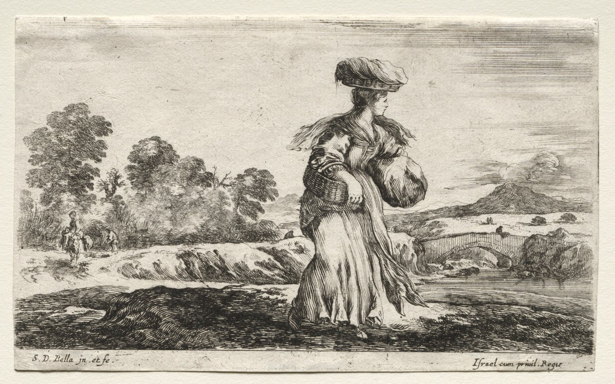 Varias figuras y paisajes: Mujer campesina llevando una cesta en la cabeza, 1649 de Stefano della Bella