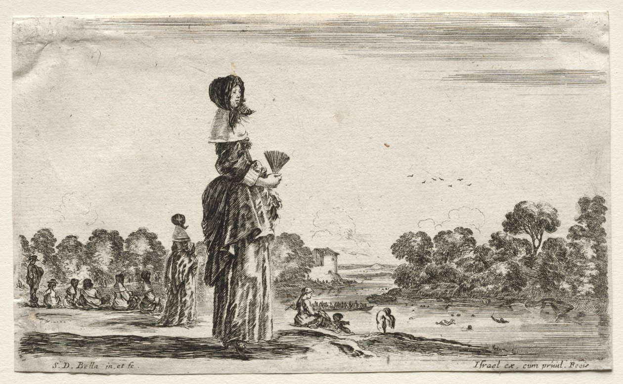 Varias Figuras y Paisajes: Mujeres Observando a los Bañistas a lo Largo de un Río de Stefano della Bella