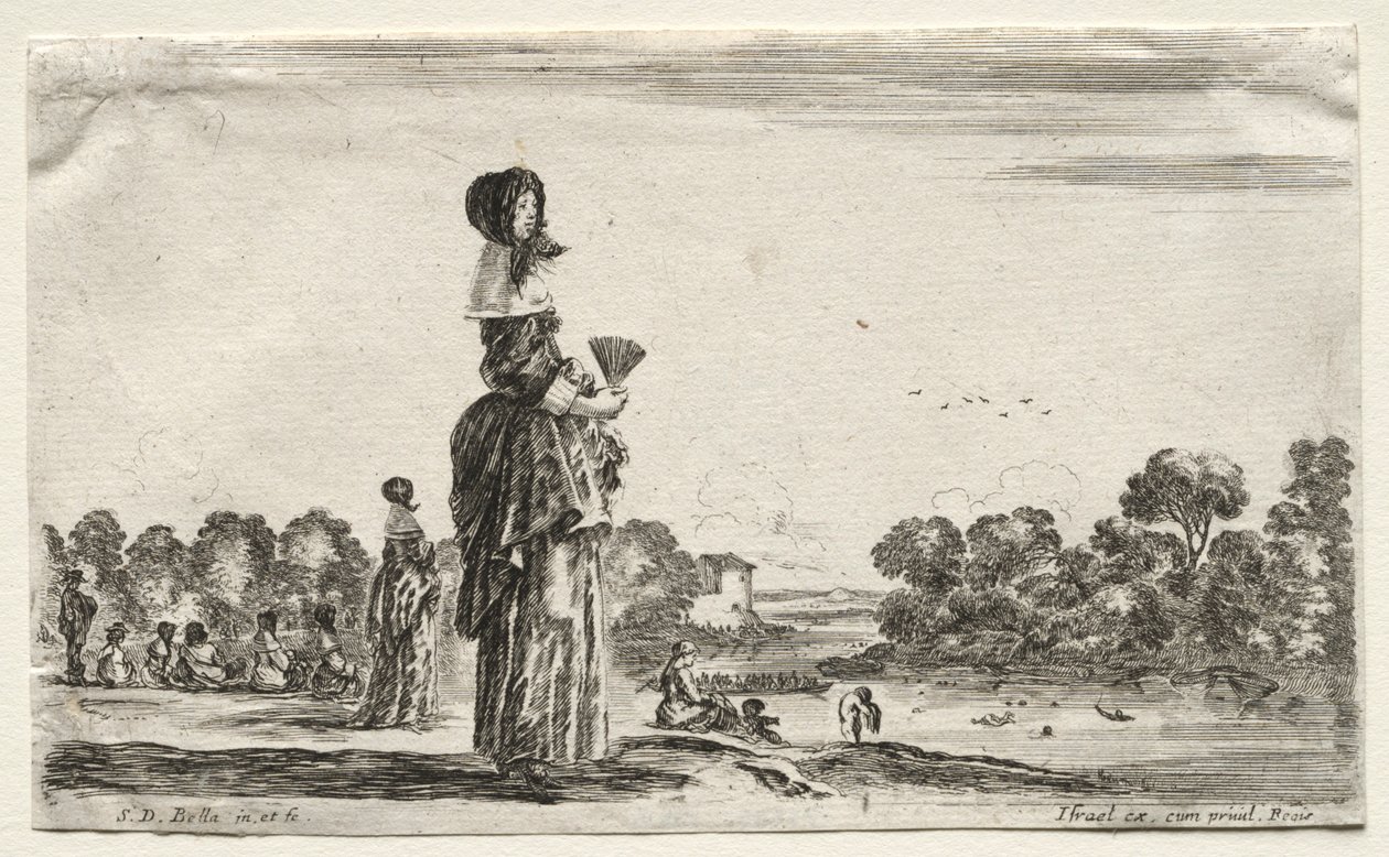 Varias figuras y paisajes: mujeres observando bañistas a lo largo de un río, 1649 de Stefano della Bella
