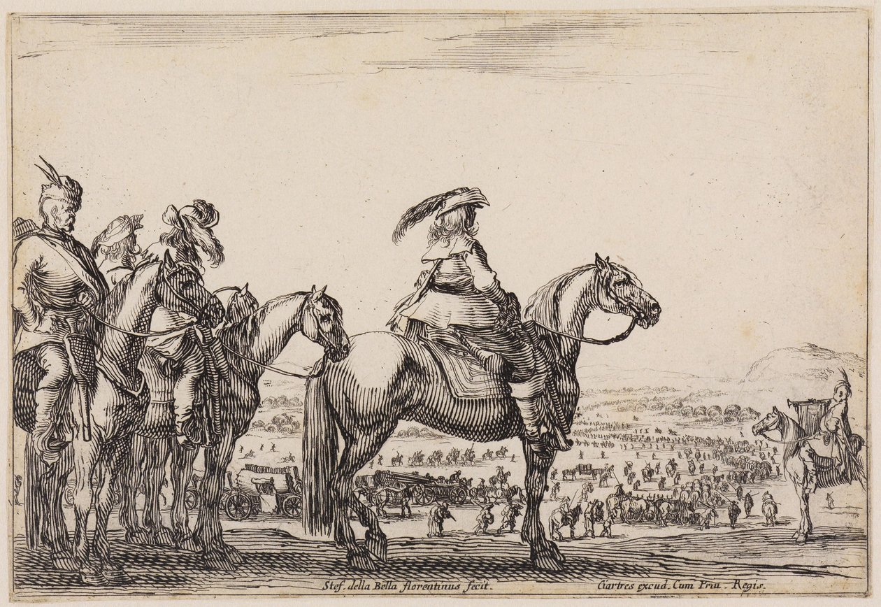 Varias figuras (Varie figure): Ejército en marcha por la llanura. En la colina del primer plano, el comandante y sus acompañantes; a la derecha, un trompetista. de Stefano della Bella