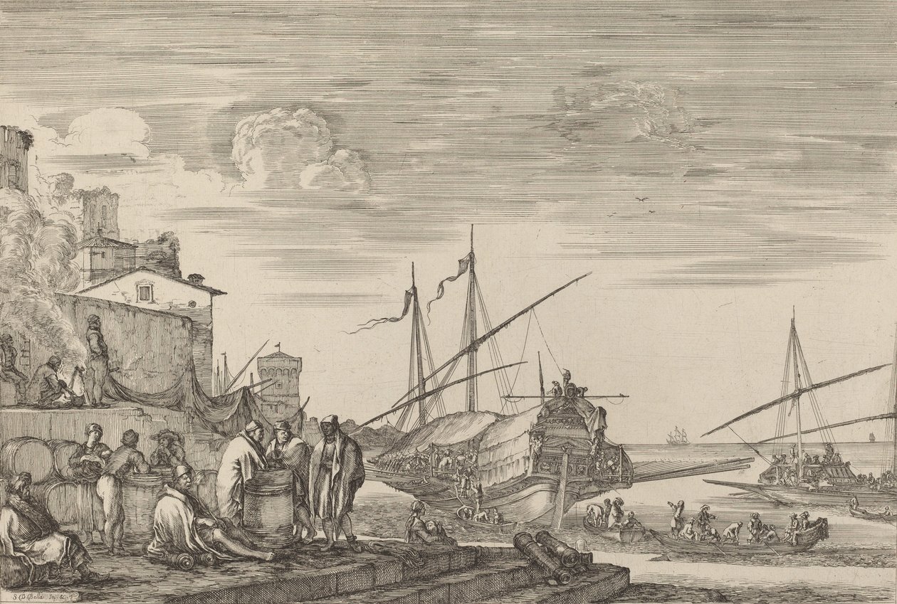 Vista de varias casas frente al puerto, probablemente c. 1654-1655 de Stefano della Bella