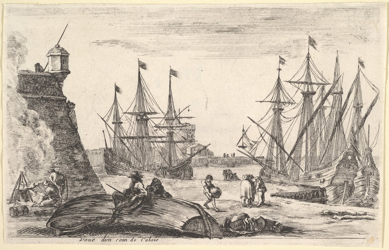 Vista de una parte de Calais, un hombre sentado en una canoa volcada, 1647 de Stefano della Bella