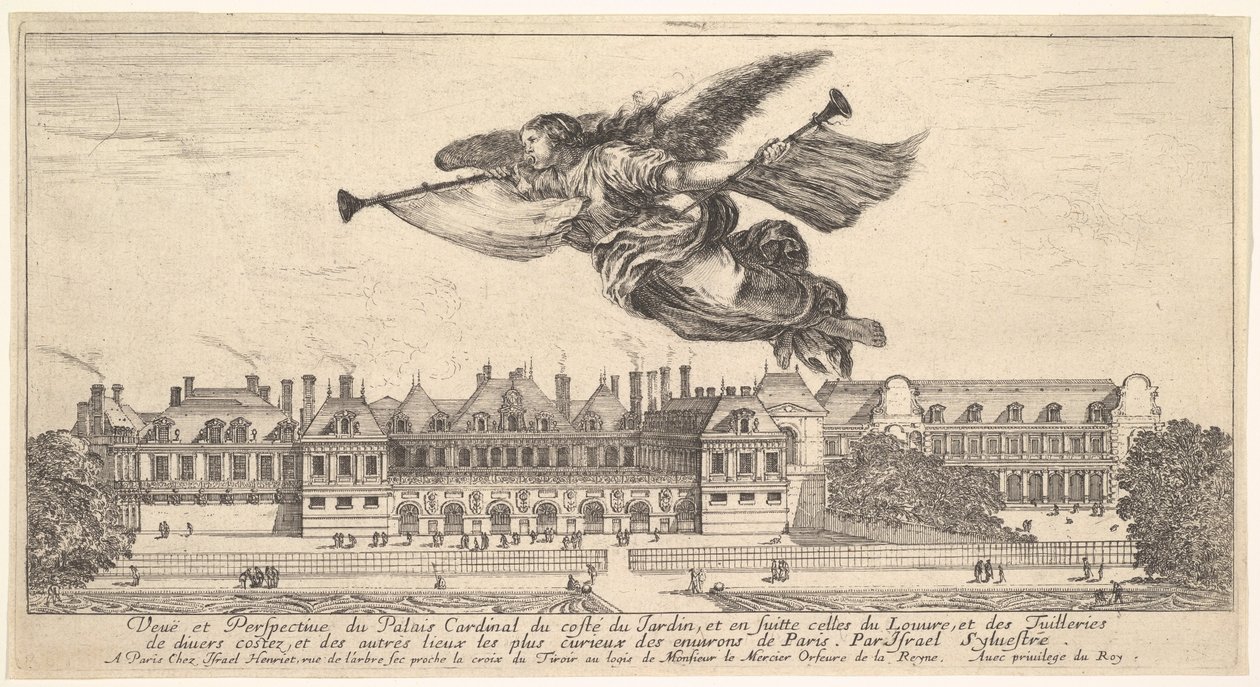 Vista del Palais Cardinal, la figura de la Fama en el centro superior volando hacia la izquierda, 1649-51 de Stefano della Bella