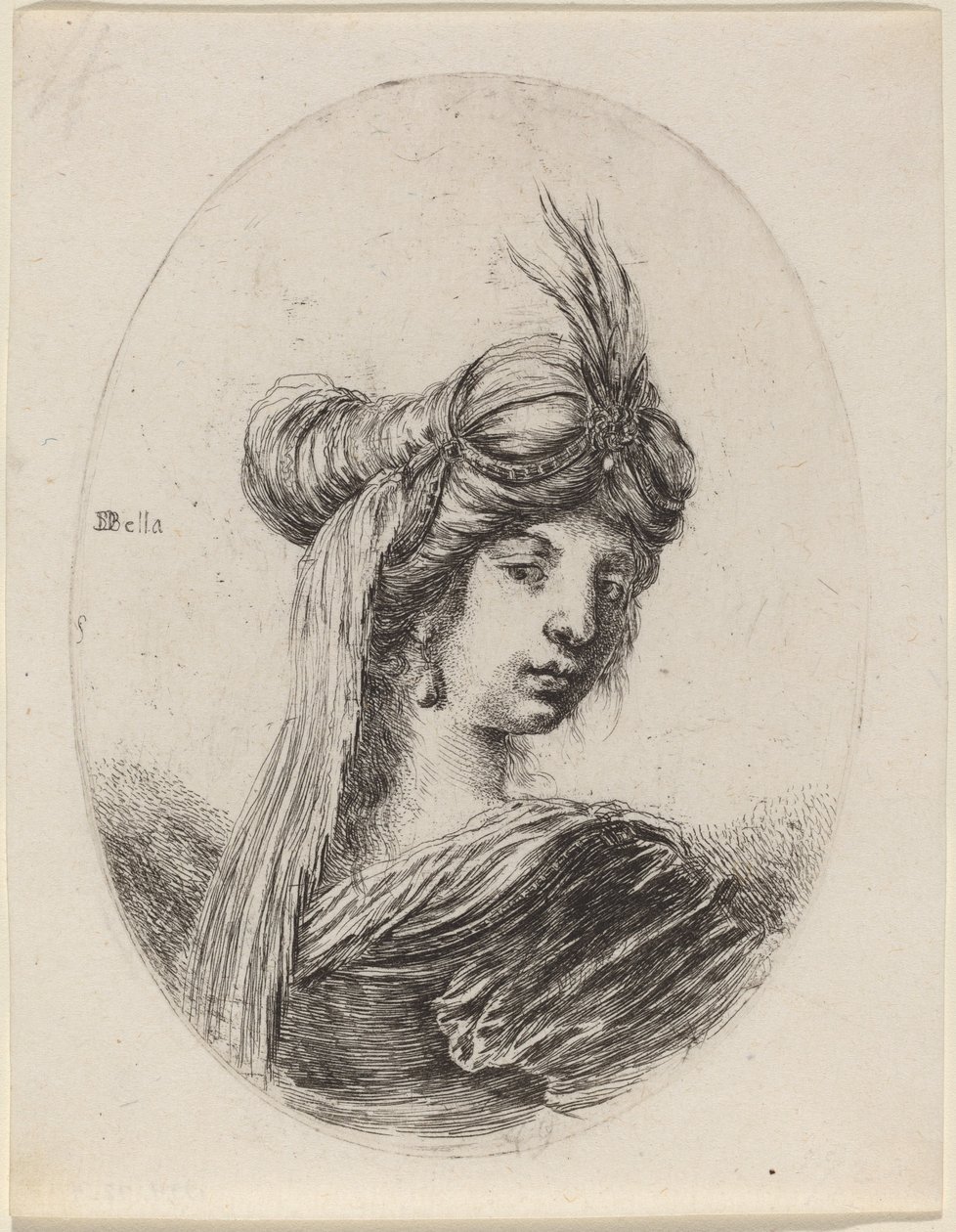 Mujer con turbante emplumado y velo, girada a la derecha, 1649-1650 de Stefano della Bella