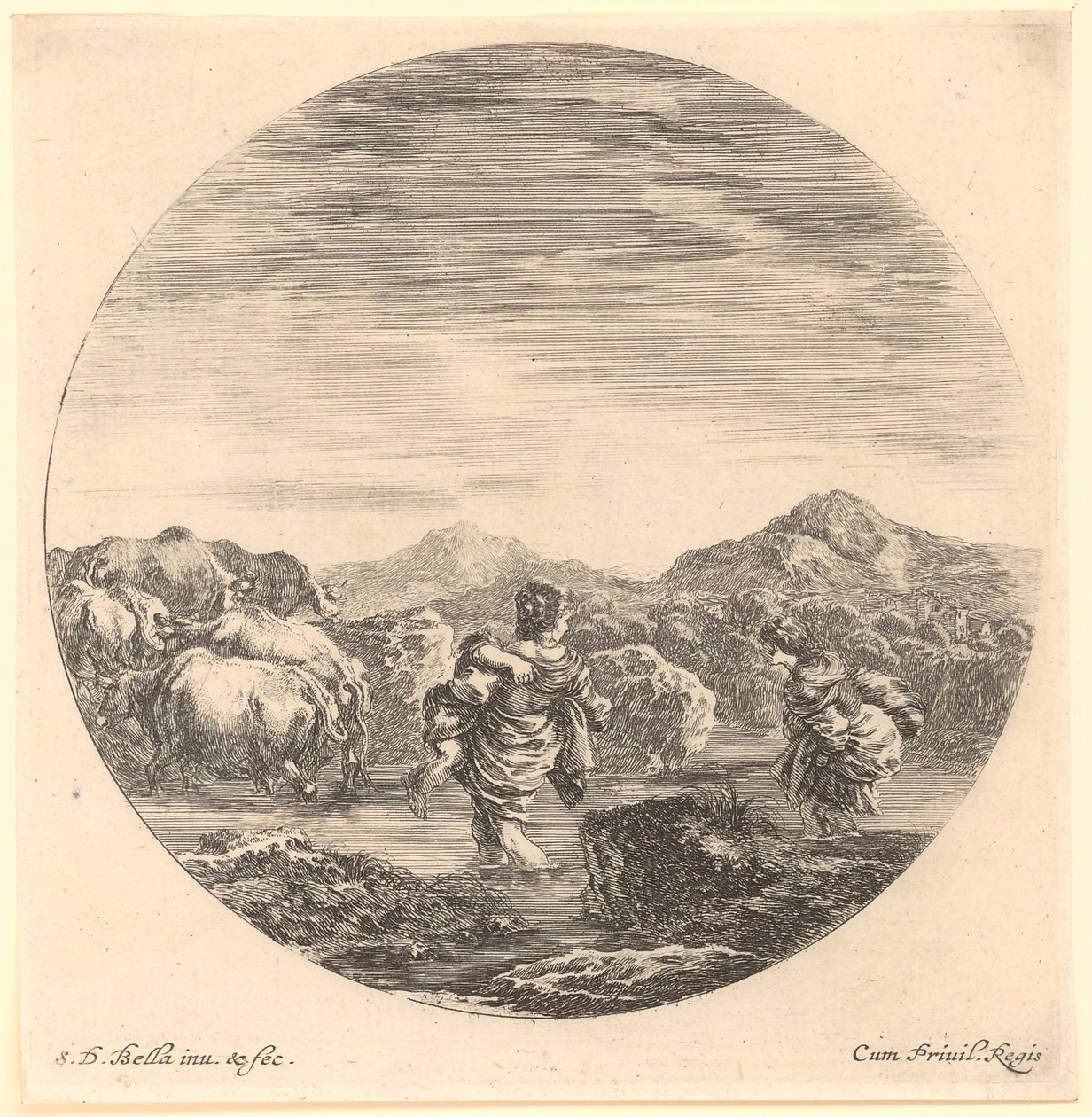 Dos mujeres con un rebaño de vacas cruzando el río, lámina 4 de la serie «Seis motivos de animales en representación circular» de Stefano della Bella