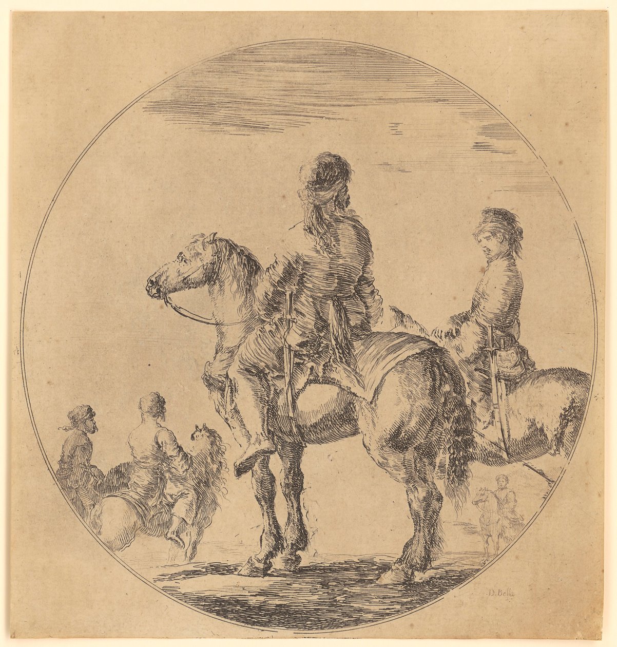 Dos jinetes polacos a la izquierda; el de delante, visto de espaldas de Stefano della Bella