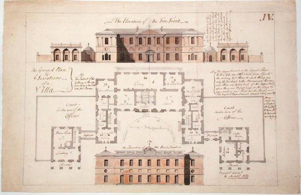 Plano y elevaciones para una villa sustancial, 1770 de Stephen Riou