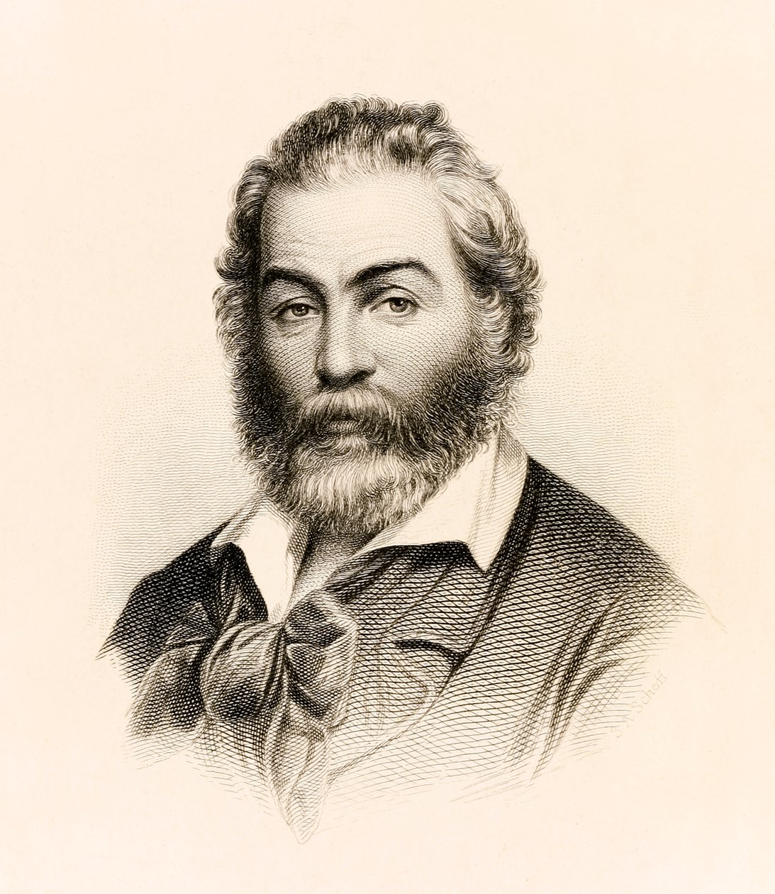 Frontispicio de una edición de 1860 de "Leaves of Grass", una colección de poesía del poeta estadounidense Walt Whitman de Stephen Alonzo Schoff