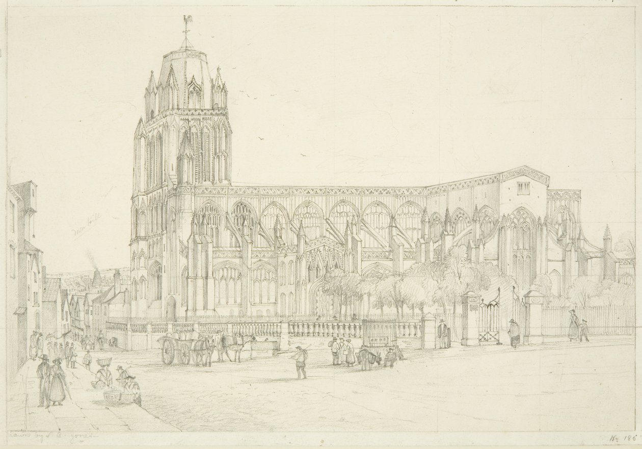 Vista sur de la Iglesia de St Mary Redcliffe, c.1835 de Stephen C. Jones