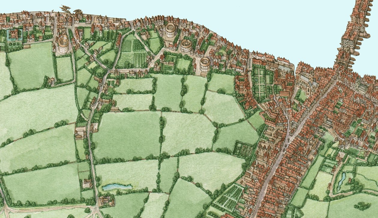 Bankside y Southwark, Londres, hacia 1600-25, 2021 (tinta y acuarela, digital) de Stephen Conlin