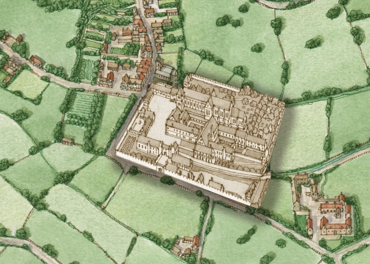 Bermondsey, Londres, hacia 1600, con un recuadro de la abadía prerreformista, 2021 (tinta y acuarela, digital) de Stephen Conlin