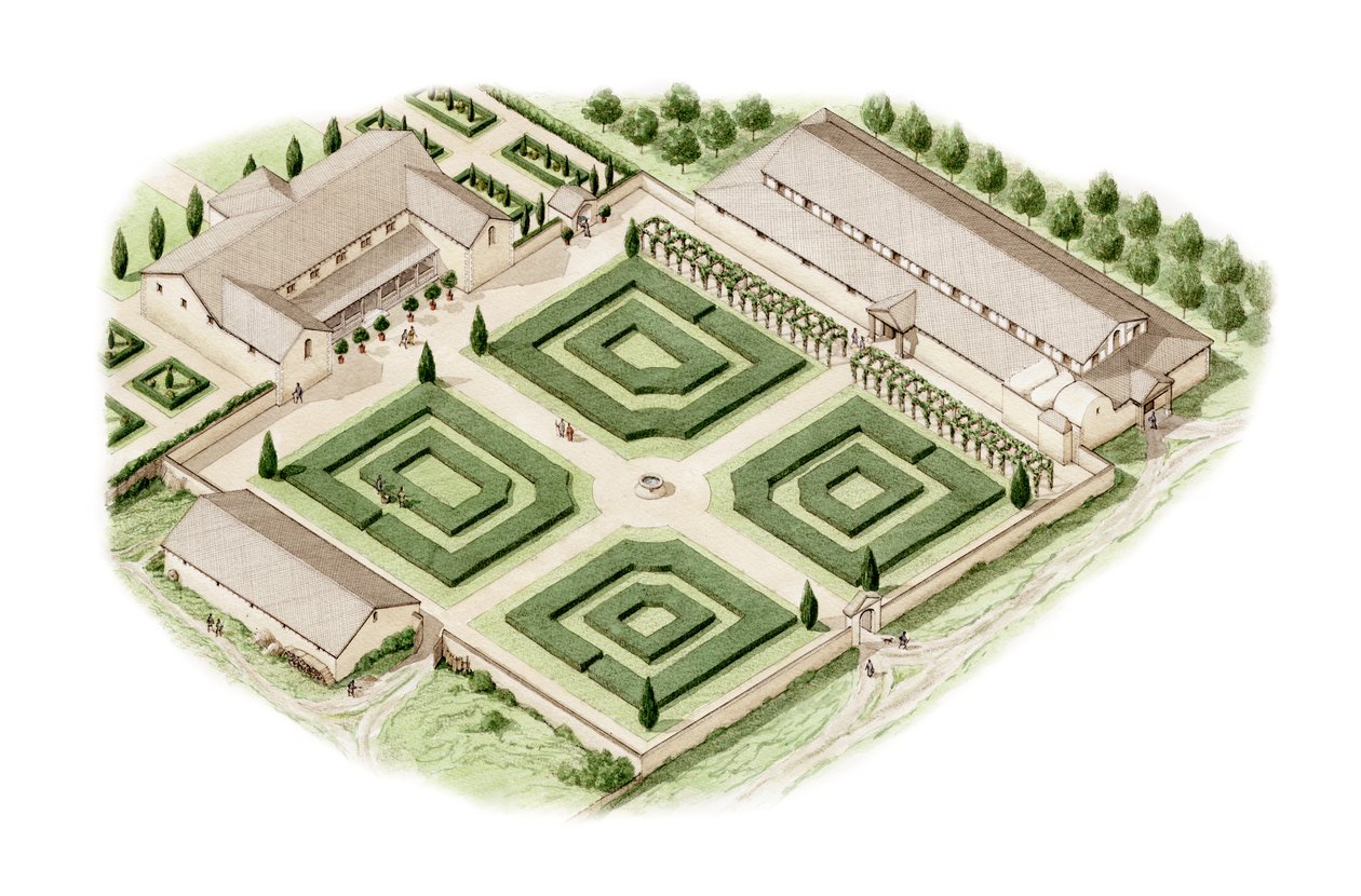 Villa romana de Brading, Isla de Wight (dibujada en 2012), c.350-400 (tinta y acuarela) de Stephen Conlin