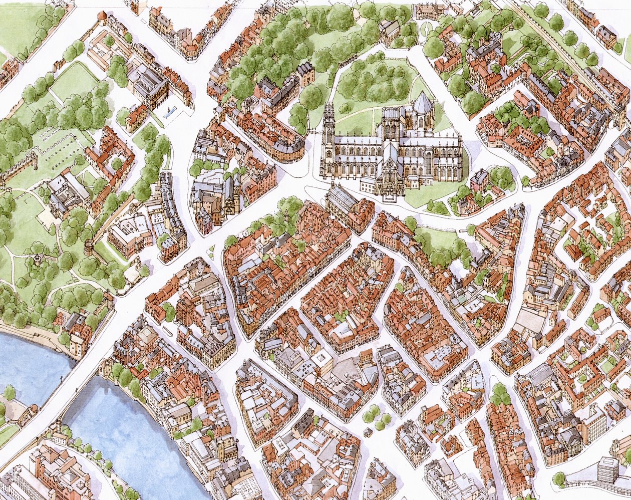 Imagen aérea de la ciudad de York (dibujada en 1996) de Stephen Conlin