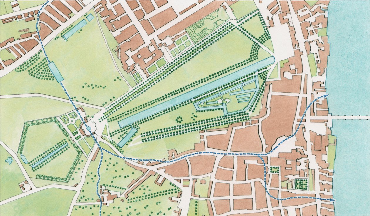 Curso del río Tyburn, Westminster en 1747 (tinta y acuarela) de Stephen Conlin