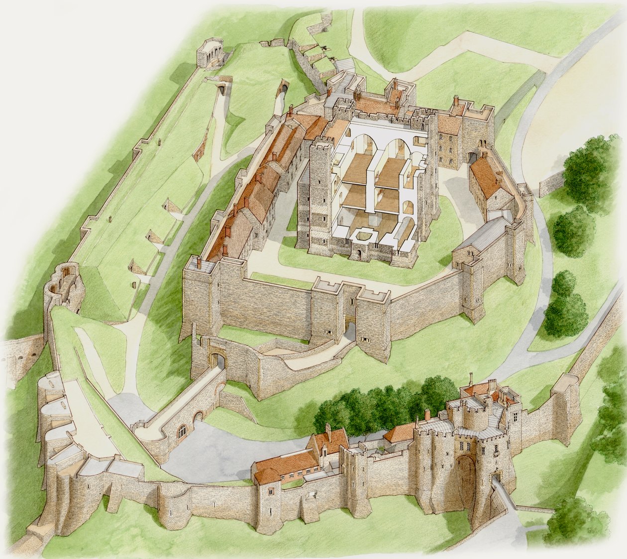 Dover Castle Today, c.1945-2023 (tinta y acuarela sobre papel) de Stephen Conlin