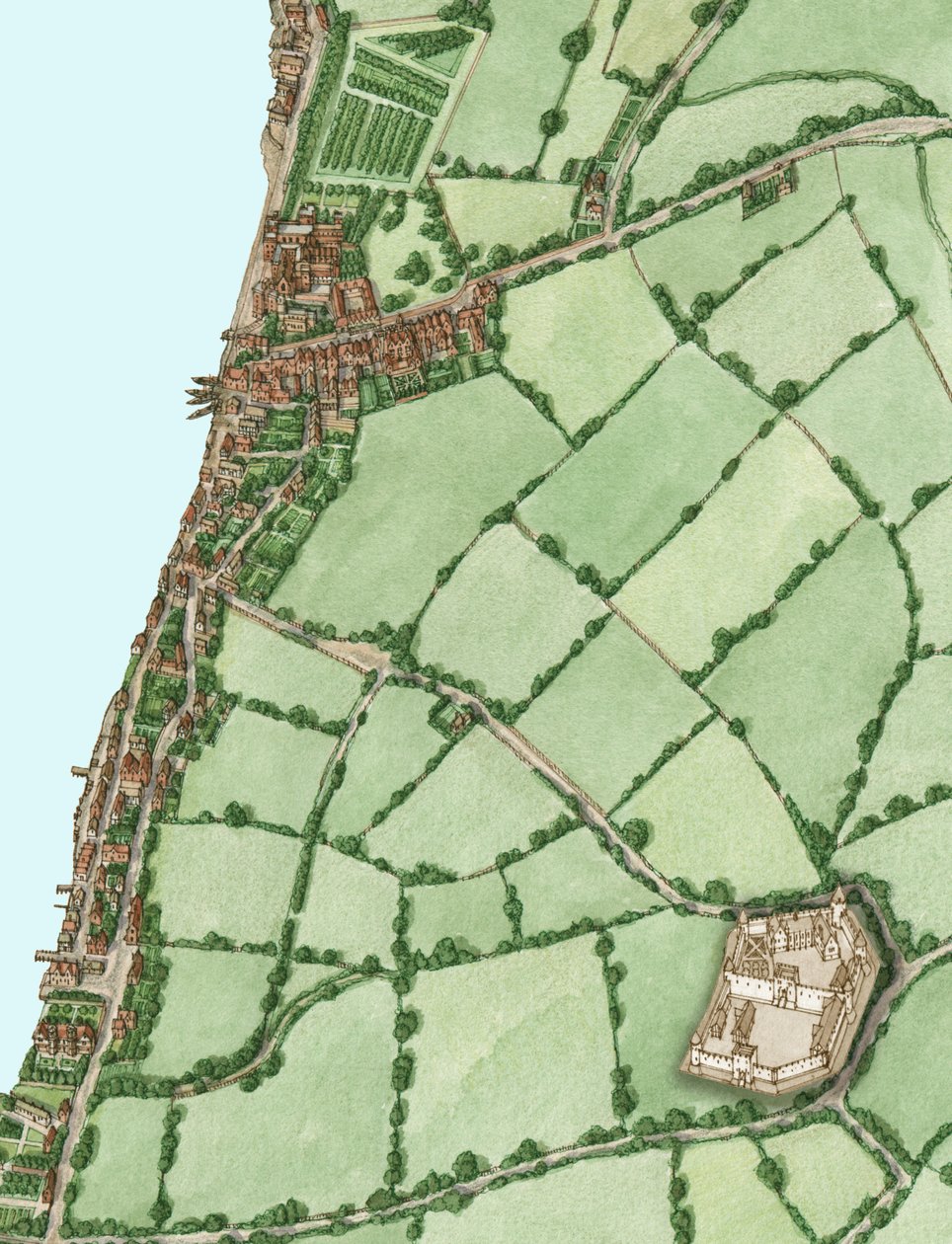 Lambeth and Vauxhall circa 1600, with Inset of Medieval Kennington Castle, 2021 (tinta y acuarela, digital) de Stephen Conlin