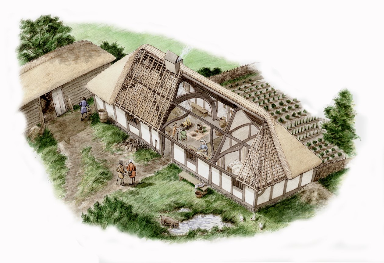 Mill House, Mapledurham, Oxfordshire (dibujado en 2013), c.1335-1400 (tinta y acuarela) de Stephen Conlin