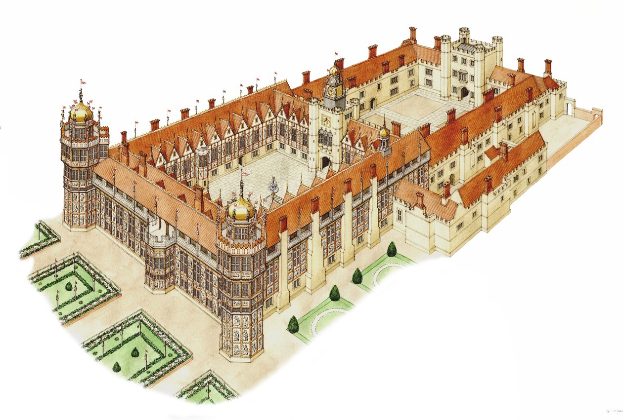 Palacio de Nonsuch, Surrey, c.1540-1600 (tinta y acuarela) de Stephen Conlin