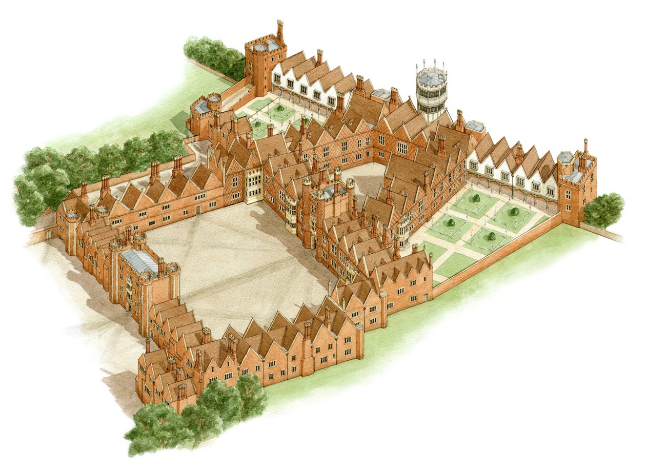 Palacio de Oatlands, Surrey, c.1540-1600 (tinta y acuarela) de Stephen Conlin