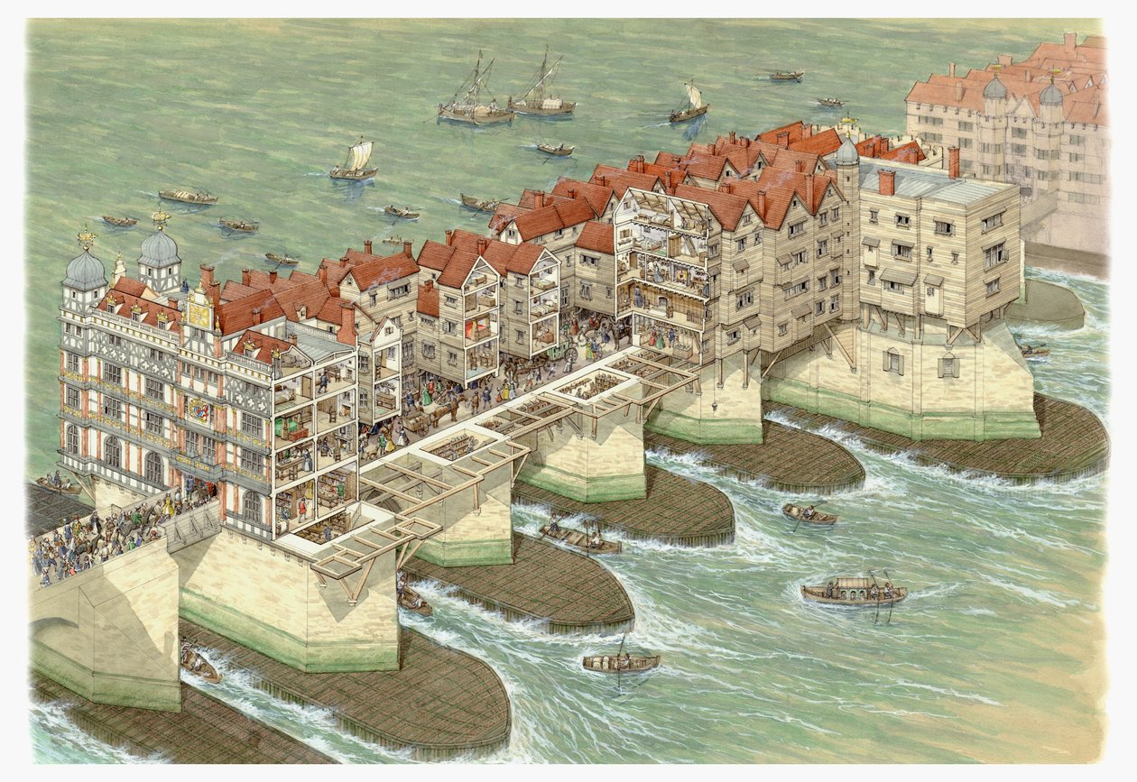 Old London Bridge (parte central), c.1580-1600 (tinta y acuarela) de Stephen Conlin