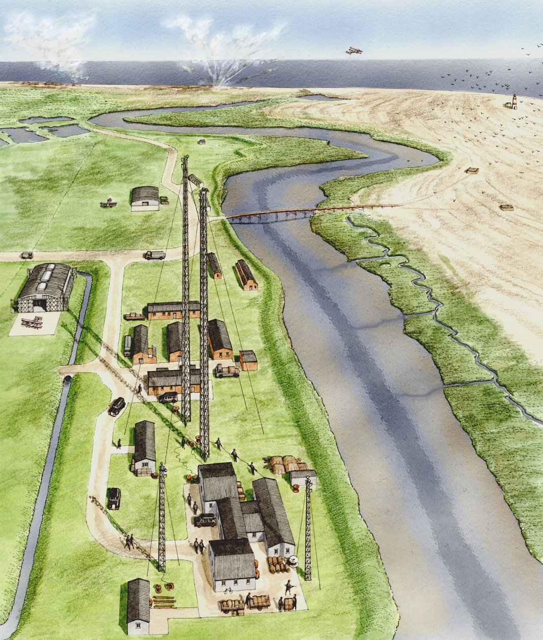 Orford Ness, Suffolk, c.1935-1945 (tinta, aerógrafo, acuarela) de Stephen Conlin