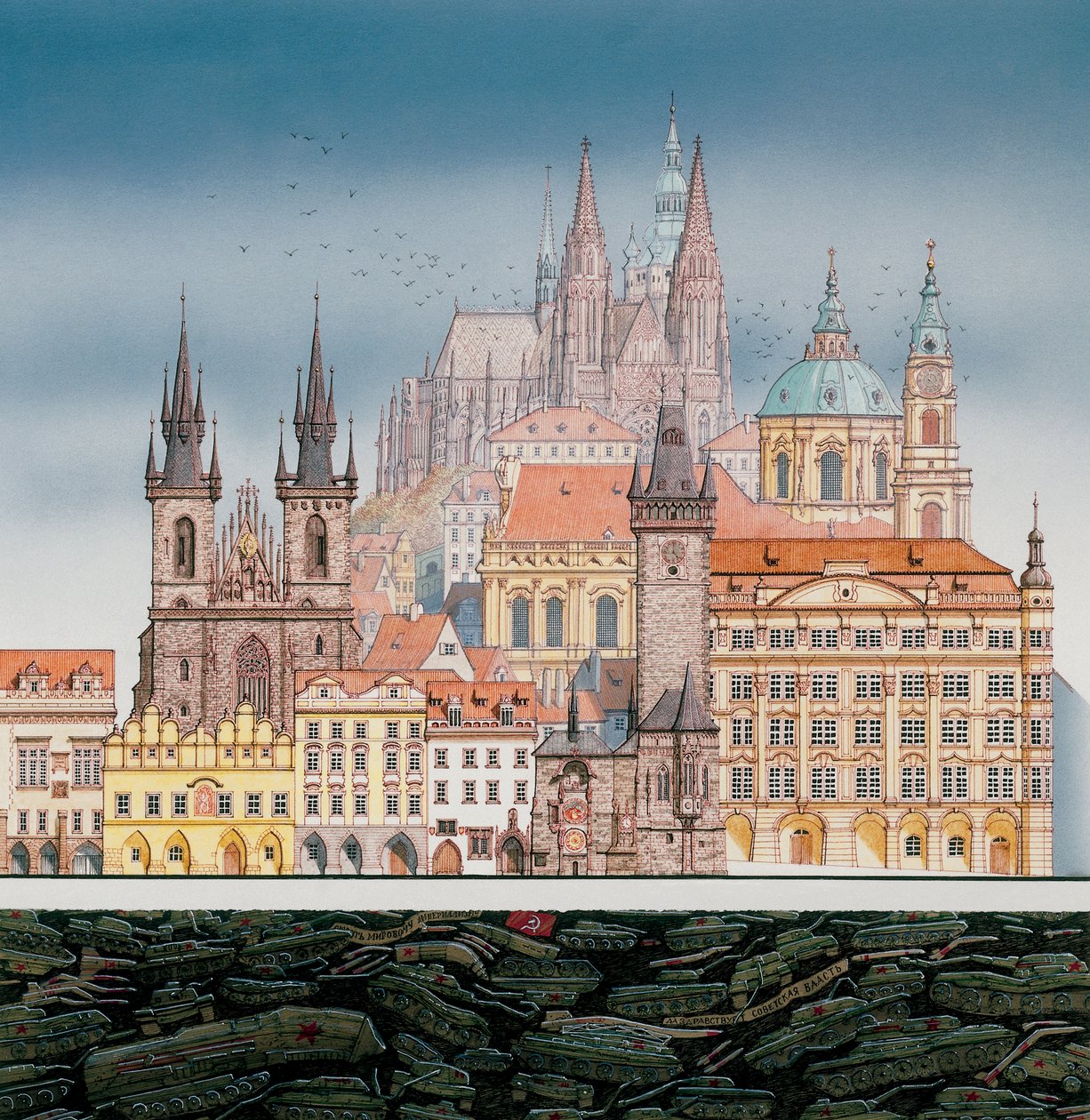 Edificios de Praga y tanques rusos, c.1980-1991 (tinta y acuarela) de Stephen Conlin