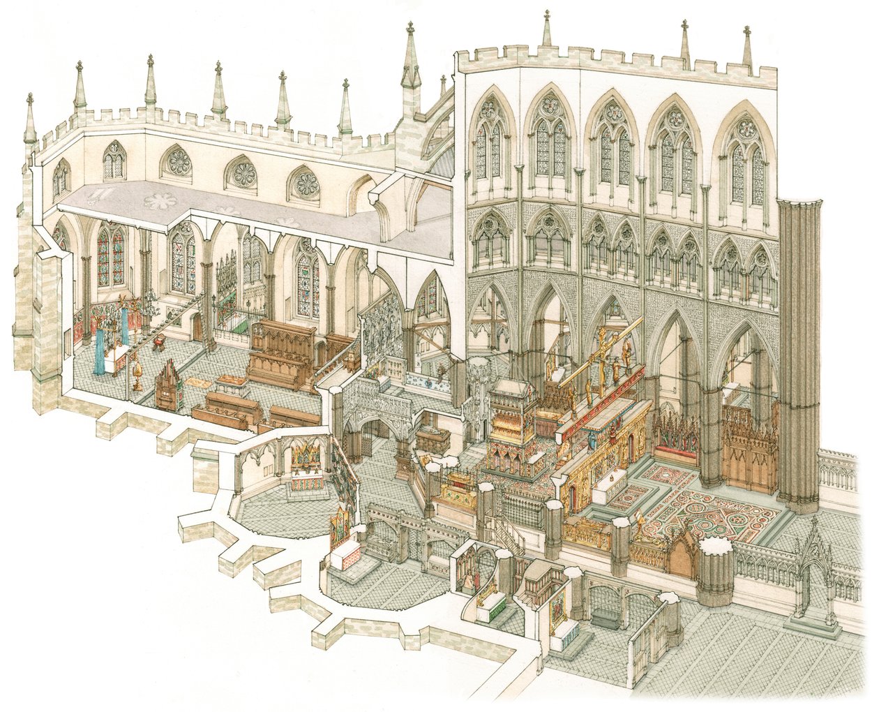 El extremo este de la abadía de Westminster poco antes de la Reforma, c.1500-1525 (tinta y acuarela) de Stephen Conlin