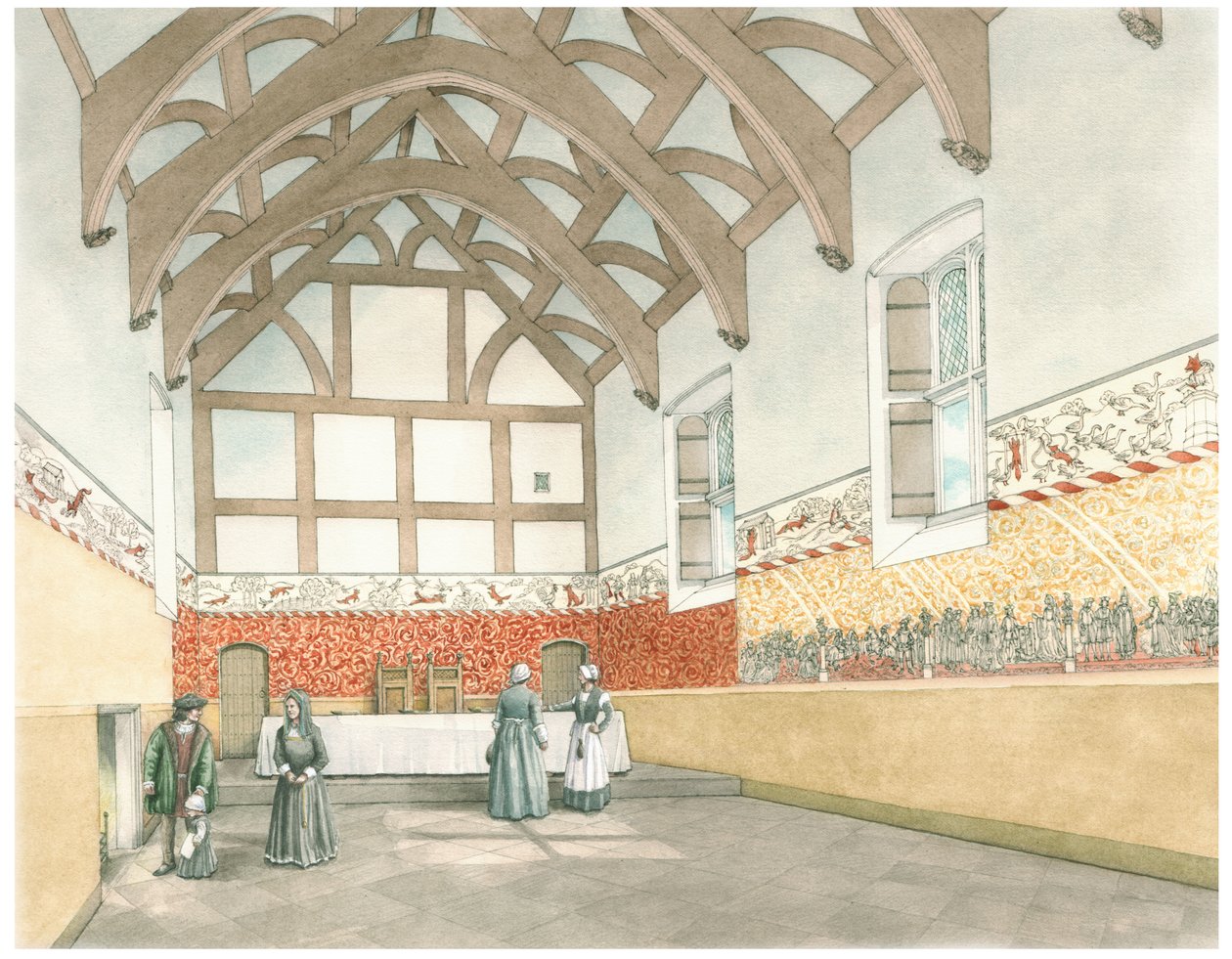 The Great Hall of Cothay Manor, cerca de Wellington,Somerset, 2016 (tinta y acuarela). de Stephen Conlin